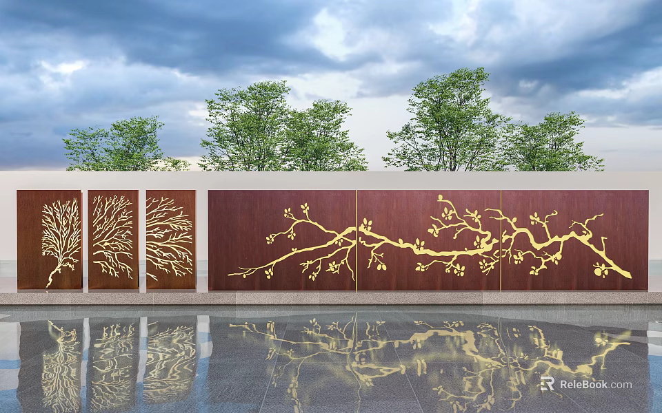 Landscape Feature Wall With Brown Wooden Panels And Golden Branch Patterns Reflected In Water 3d model 