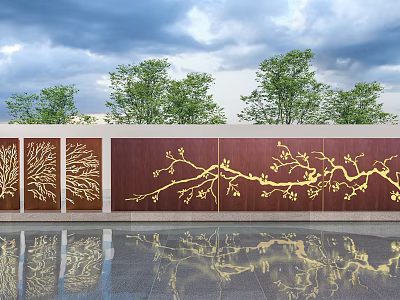 Landscape Feature Wall With Brown Wooden Panels And Golden Branch Patterns Reflected In Water 3d model