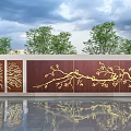 Landscape Feature Wall With Brown Wooden Panels And Golden Branch Patterns Reflected In Water
