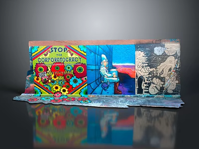 Vibrant Collage Art Installation With Stop Capitalism Sign Flower Patterns Blue Scene And Graffiti 3d model