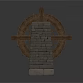 Antique Wooden Waterwheel Structure With Brick Stone Wall And Base Support