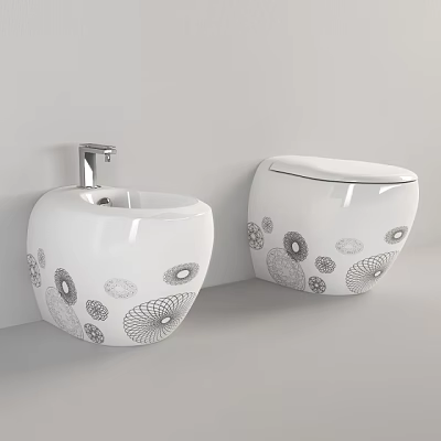 Modern White Ceramic Toilet With Decorative Circular Patterns And Sleek Surface Design 3d model