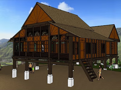 Traditional Hotel Building With Wooden Structure Stilt Design Sloped Roof Ornate Windows And Mountain View 3d model