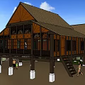 Traditional Hotel Building With Wooden Structure Stilt Design Sloped Roof Ornate Windows And Mountain View