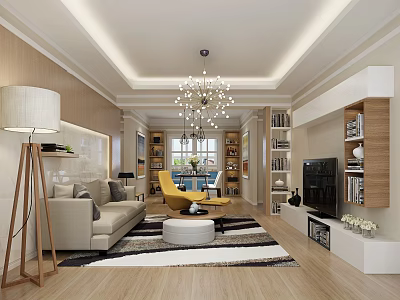 Modern Living Room Interior With Chandelier Sofa Coffee Table Bookshelves Rug TV And Floor Lamp 3d model