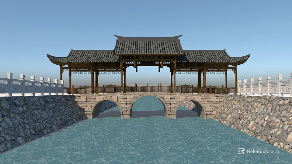 Chinese Traditional Stone Bridge With Wooden Pavilion Roof Arched Openings And Railings 3d model 