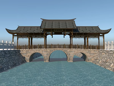 Chinese Traditional Stone Bridge With Wooden Pavilion Roof Arched Openings And Railings 3d model