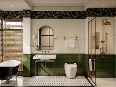 Bathroom Interior With Black Bathtub Green Walls White Toilet Arched Mirror And Checkered Floor 3d model