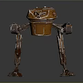 Robotic Character With Barrel Shaped Body And Four Mechanical Legs In Industrial Metallic Style