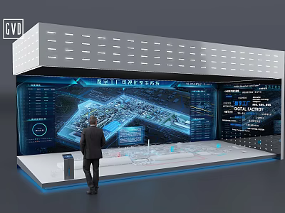 Modern Technology Exhibition Hall Featuring Interactive Digital Displays And Visitor Viewing Data Visualization 3d model