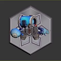 3D Game Character Model With Blue Armor Goggles Holding Device Brown Hair And Hexagonal Base