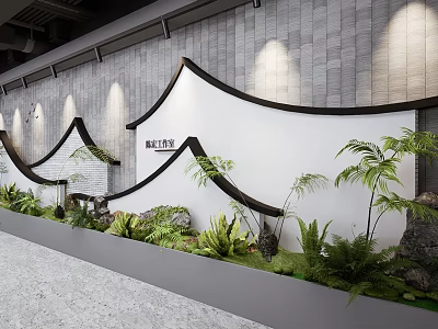Modern Office Landscape With Curved Wall Decor Green Plants Stone Accents And Recessed Lighting 3d model