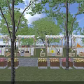 Outdoor Commercial Equipment With Striped Canopies Tables Chairs Decorative Flags And Flower Beds
