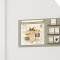 Modern Green Wall Decor With Map Photos Shelves And Lighting Fixture