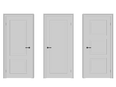 White Hinged Doors With Various Panel Designs And Black Door Handles 3d model