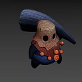 Cartoon Game Character With Beige Head Black Hollow Eyes Large Hat Blue Outfit Orange Ornaments