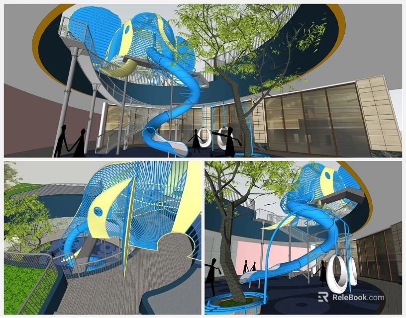 Indoor Playground Space With Blue Spiral Slide Yellow Accents Trees And Open Design 3d model 