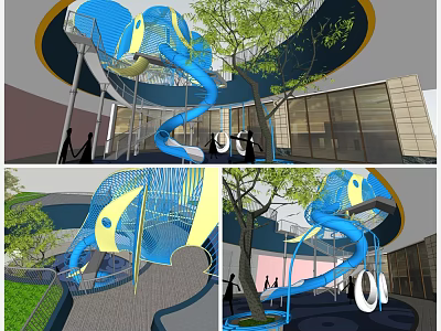 Indoor Playground Space With Blue Spiral Slide Yellow Accents Trees And Open Design 3d model