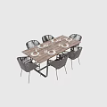 Six Rattan Chairs And Wooden Dining Table Set With Plates And Cups