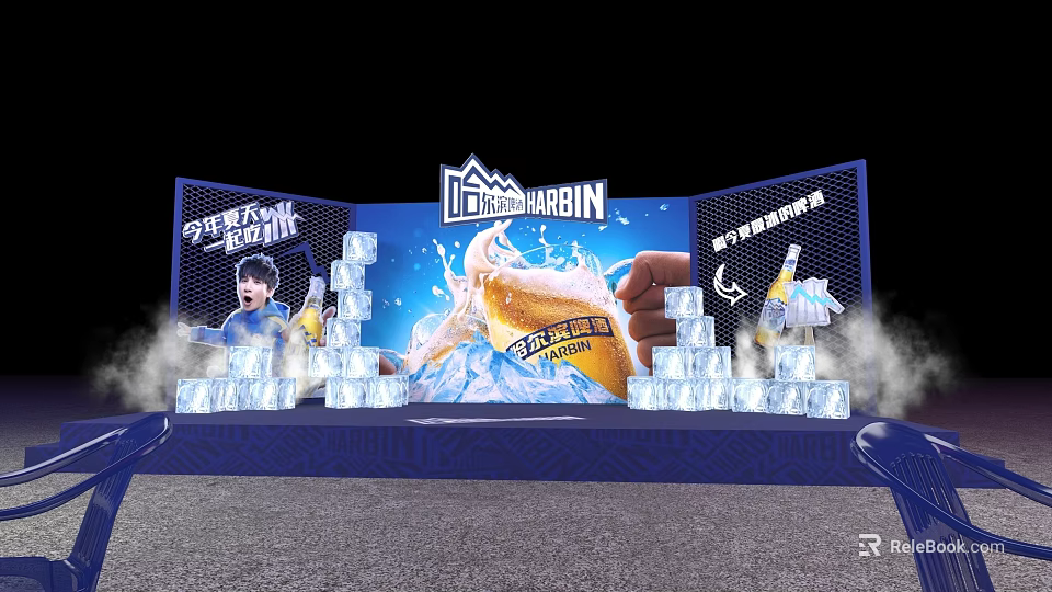 Bustling Commercial Street Featuring Summer Beer Event With Ice Blocks And Refreshing Stage Decorations 3d model 