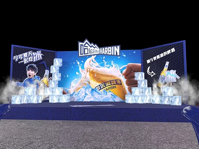 Bustling Commercial Street Featuring Summer Beer Event With Ice Blocks And Refreshing Stage Decorations 3d model