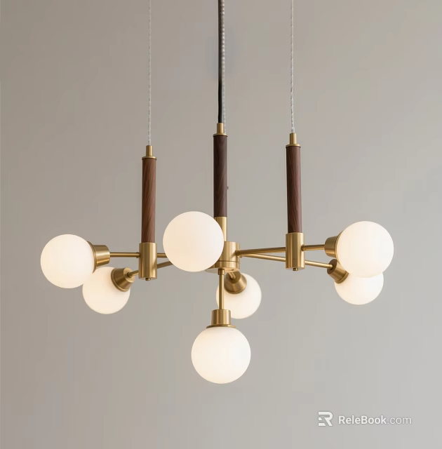 Modern Elegant Chandelier With Golden Metal Frame Wooden Accents And White Spherical Shades 3d model 