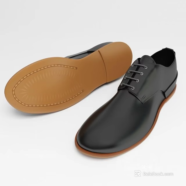 Black Leather Lace Up Shoes Featuring Brown Sole and Classic Design 3d model 