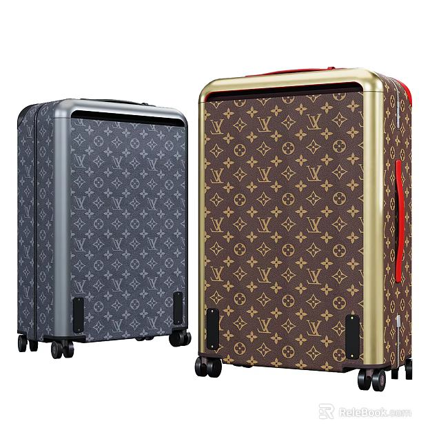 Gray and Brown Suitcase with Monogram Pattern Gold Red Accents and Wheels Design 3d model 