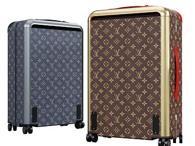 Gray and Brown Suitcase with Monogram Pattern Gold Red Accents and Wheels Design 3d model