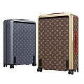 Gray and Brown Suitcase with Monogram Pattern Gold Red Accents and Wheels Design