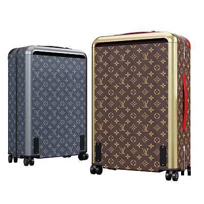 Gray and Brown Suitcase with Monogram Pattern Gold Red Accents and Wheels Design 3d model
