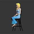 Blonde Haired Female Character Wearing Blue Floral Dress Seated On Black Chair Against Gray Background