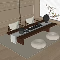Wooden Tea Table and Chairs with Floor Cushions Tea Set and Window in Minimalist Room