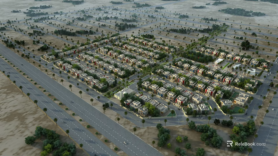 Aerial View Planning of Residential Community with Rows of Houses Wide Roads and Lush Greenery 3d model 
