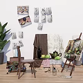 Musical Instruments And Art Supplies In Creative Studio With Easel Paintings Brushes And Paints