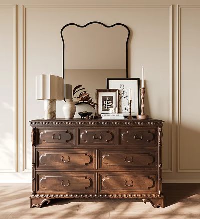 Elegant Wooden Entryway Cabinet With Carved Details Table Lamp Photo Frame Candle And Decorations 3d model