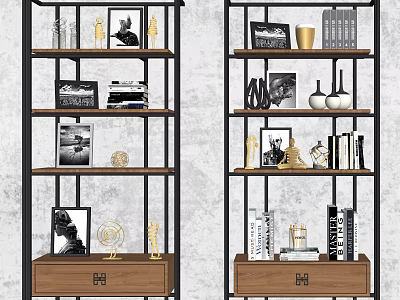 Modern Industrial Bookshelf With Multiple Shelves Wooden Drawer And Decorative Photo Frames Vases Books 3d model
