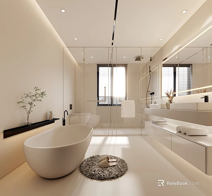 Elegant Modern Bathroom Interior Design With Freestanding Bathtub Double Vanity Glass Shower And Marble Countertop 3d model 