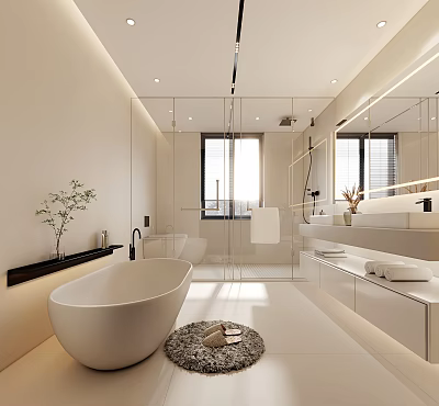 Elegant Modern Bathroom Interior Design With Freestanding Bathtub Double Vanity Glass Shower And Marble Countertop 3d model