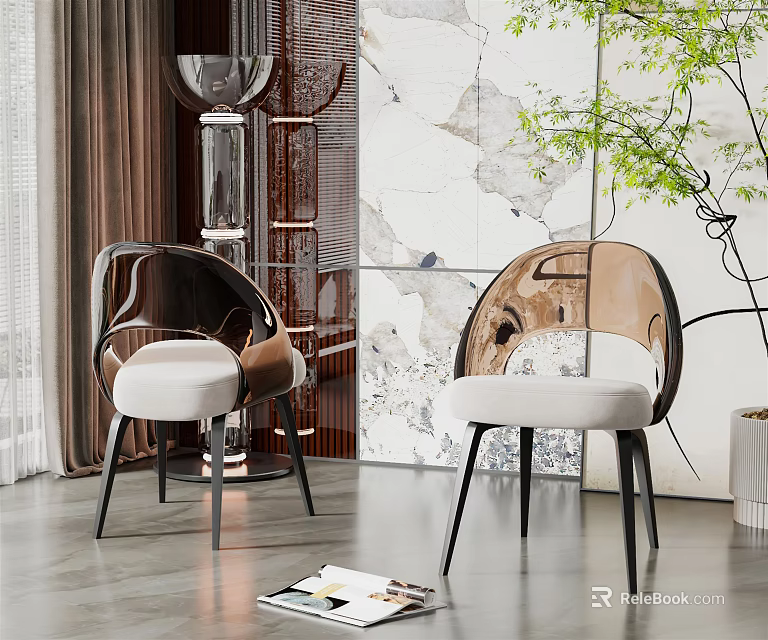 Elegant Modern Dining Chairs With Curved Backrest White Cushion And Metal Legs 3d model 