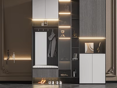 Modern Shoe Cabinet Design With Mirror Bench Hooks LED Lighting And Storage 3d model