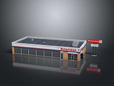 Single Story Rectangular Gas Station Building With Flat Black Roof And Red White Striped Edges 3d model