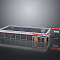 Single Story Rectangular Gas Station Building With Flat Black Roof And Red White Striped Edges