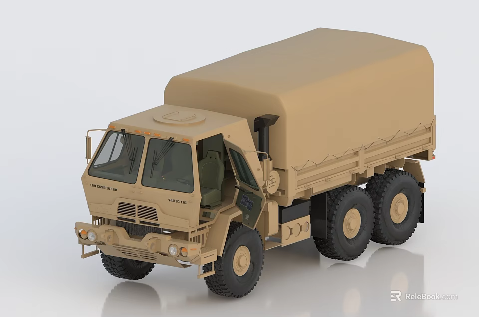 Khaki Colored Military Utility Truck With Canvas Cover And Multiple Wheels 3d model 