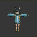 Short Hair Cat Ear Game Anime Character With Blue Hoodie Backpack Arms Outstretched