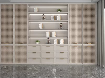 Modern White Display Shelving Unit With Multiple Shelves Drawers Lattice Doors And Plants 3d model