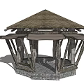 Outdoor Wooden Pavilion Featuring Thatch Roof Stone Base And Supporting Pillars