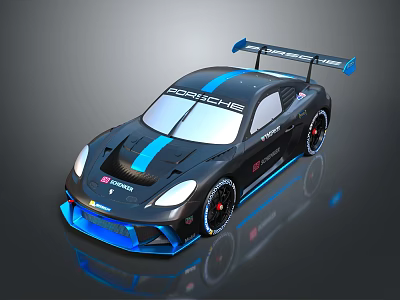 Black Porsche Race Car With Blue Accents And Rear Spoiler Design 3d model