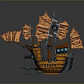 Ornate Fantasy Ship Model with Orange Sails Wooden Hull and Mechanical Details
