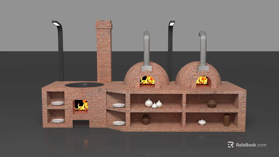 Traditional Brick Oven Setup with Two Dome Shaped Ovens Chimneys Shelves Clay Pots and Plates 3d model 